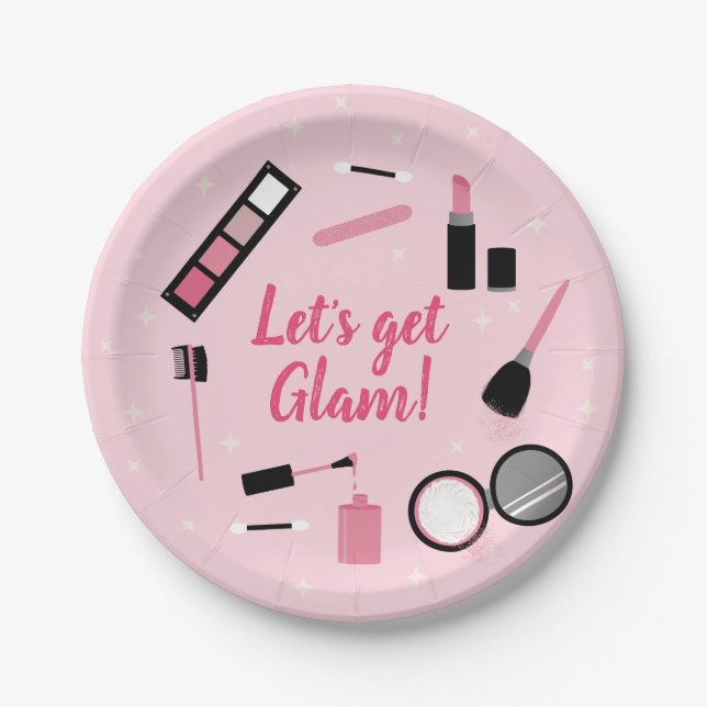 Assiettes En Carton Glamour de maquillage rose Fille Anniversaire (Devant)