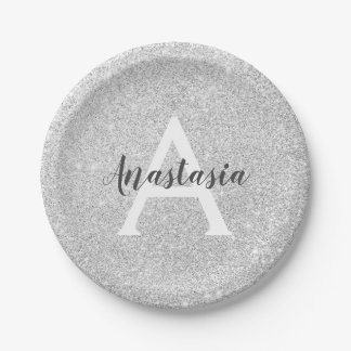 Assiettes En Carton Glamour Féminin Argent Paillettes Monogramme Nom