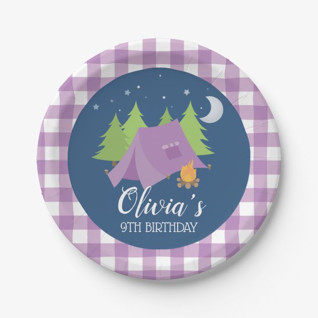 Assiettes En Carton Glamping Girl violet tente Camping fête d'annivers (Devant)