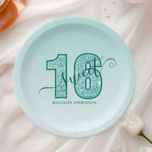 Assiettes En Carton Glitter Script Aqua Turquoise Sweet 16