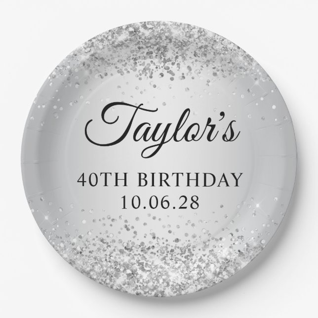 Assiettes En Carton Glitterie Argent Gradient 40e anniversaire (Devant)