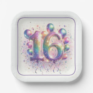 Assiettes En Carton Glitterie Numéro 16 avec Ballons et Confetti