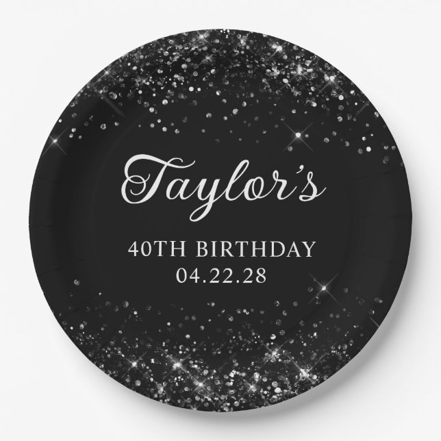 Assiettes En Carton Glittery Black 40e anniversaire (Devant)