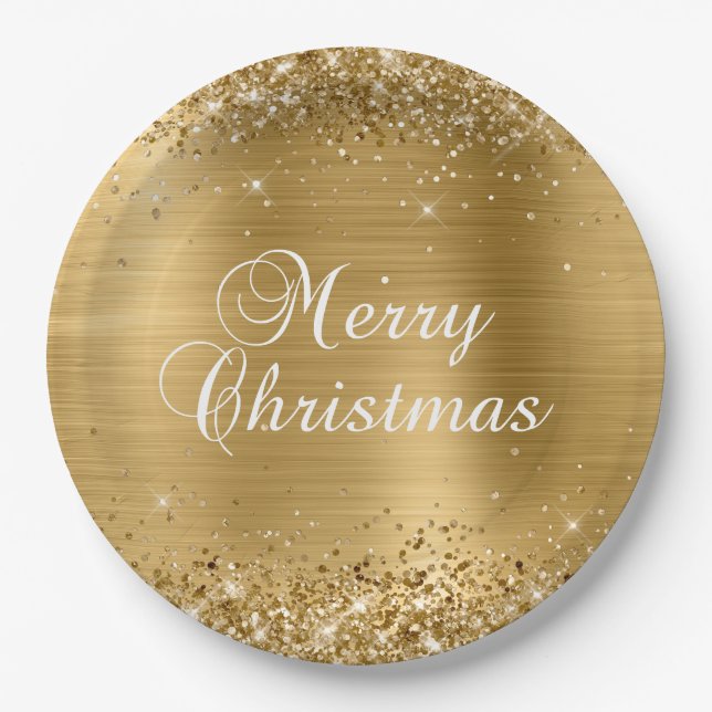 Assiettes En Carton Glittery Gold Foil Joyeux Noël (Devant)