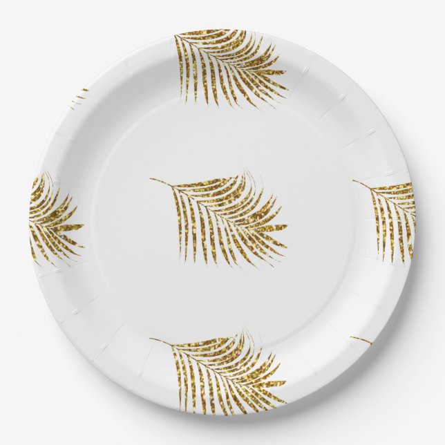 Assiettes En Carton Glittery Gold Palms Tropical Mariage Motif feuille (Devant)