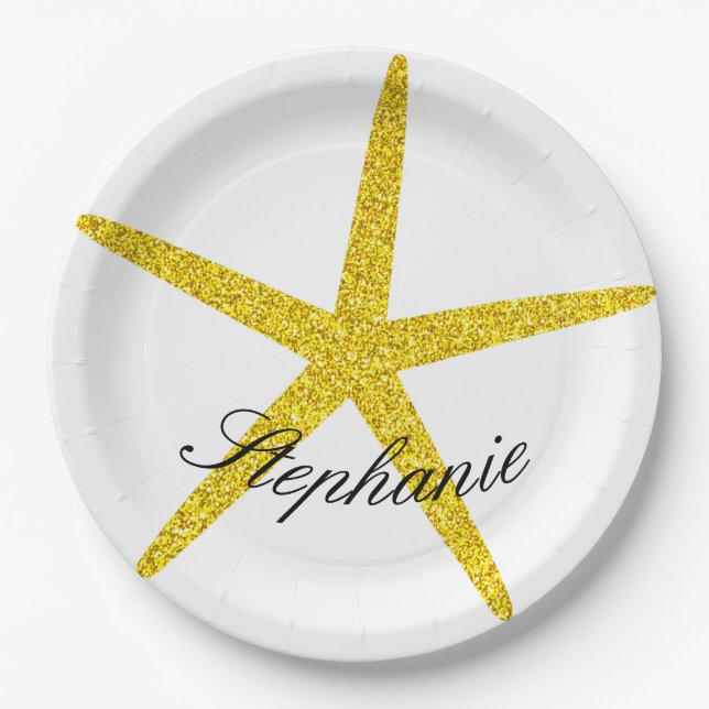 Assiettes En Carton Glittery Gold Starfish Motif Personnalisé Nom élég (Devant)