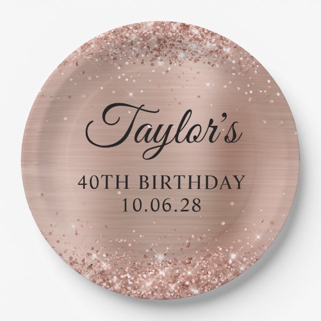 Assiettes En Carton Glittery Light Rose Gold Foil 40e anniversaire (Devant)