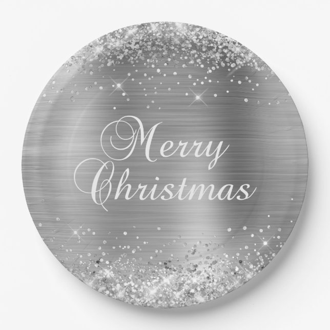 Assiettes En Carton Glittery Silver Foil Joyeux Noël (Devant)