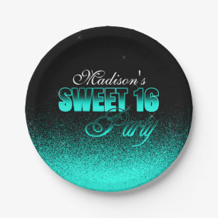 Assiettes En Carton Glitz et Glamour noir et Aqua Sweet 16
