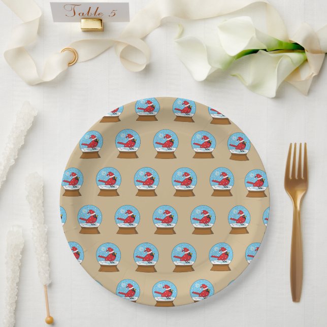Assiettes En Carton Globe des neiges avec cardinal rouge mignon (Mariage)