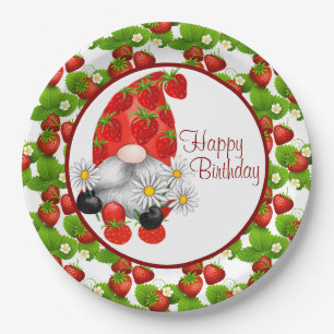 Assiettes En Carton Gnome d'anniversaire à la fraise