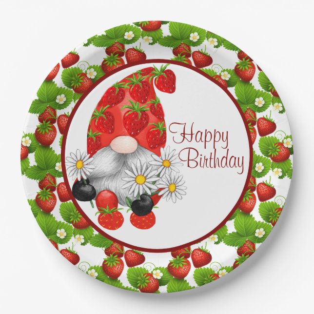 Assiettes En Carton Gnome d'anniversaire de fraises (Devant)
