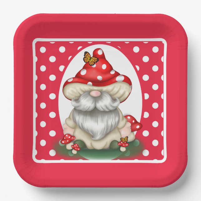 Assiettes En Carton Gnome de champignon à pois rouge (Recto)