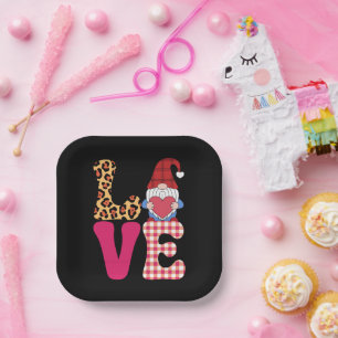 Assiettes En Carton Gnome de l'amour Saint-Valentin Rouge Plaid Buffal