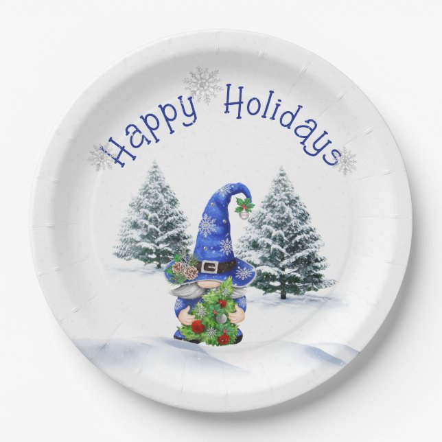 Assiettes En Carton Gnome de Noël bleu avec arbre (Devant)