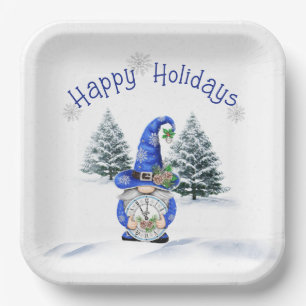 Assiettes En Carton Gnome de Noël bleu avec horloge