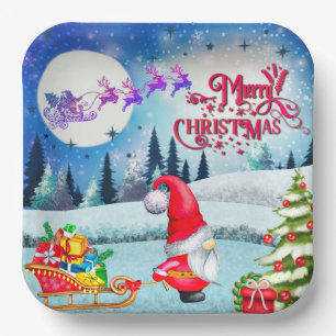 Assiettes En Carton Gnome de Noël enneigé et cadeaux du traîneau du Pè