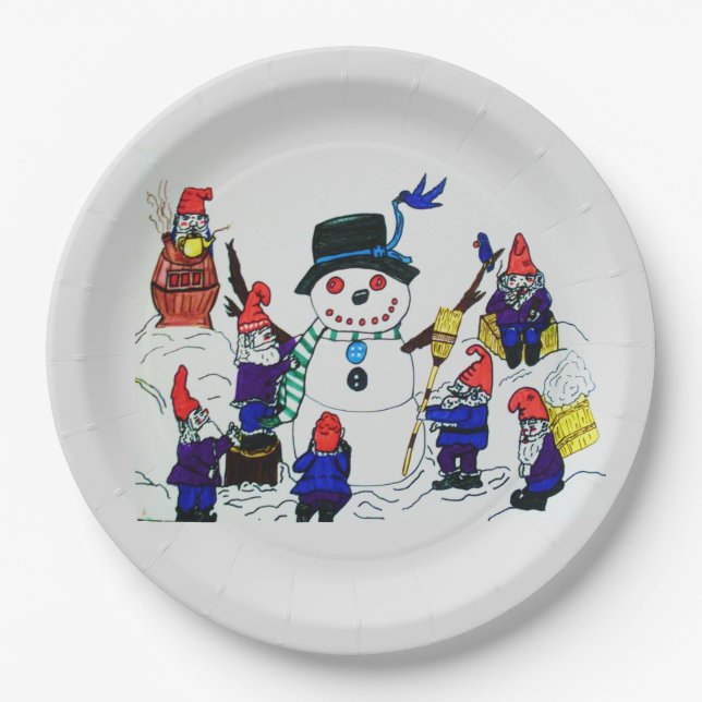 ASSIETTES EN CARTON GNOMES CONSTRUIRE SNOWMAN (Devant)