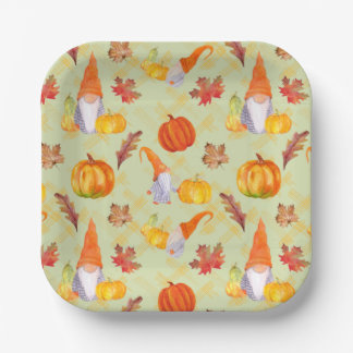 Assiettes En Carton Gnomes d'automne à l'aquarelle, citrouilles et feu