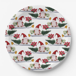 Assiettes En Carton Gnomes de Noël festifs, Poinsettia et cloches