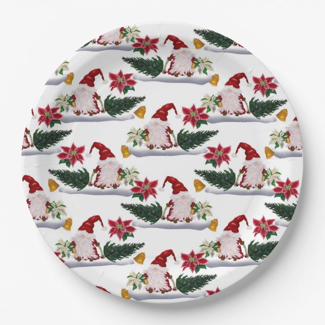 Assiettes En Carton Gnomes de Noël festifs, Poinsettia et cloches (Devant)