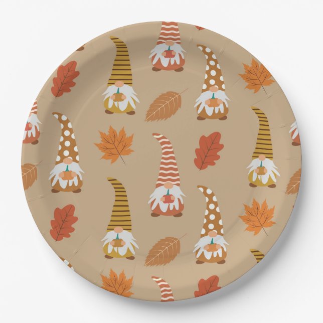 Assiettes En Carton Gnomes de Thanksgiving avec feuilles d'automne (Devant)