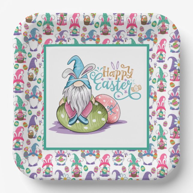 Assiettes En Carton Gnomes lapins de Pâques (Recto)