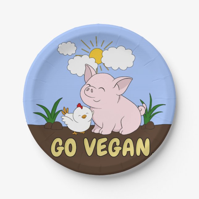 Assiettes En Carton Go Vegan - Cute Pig and Chicken (Devant)