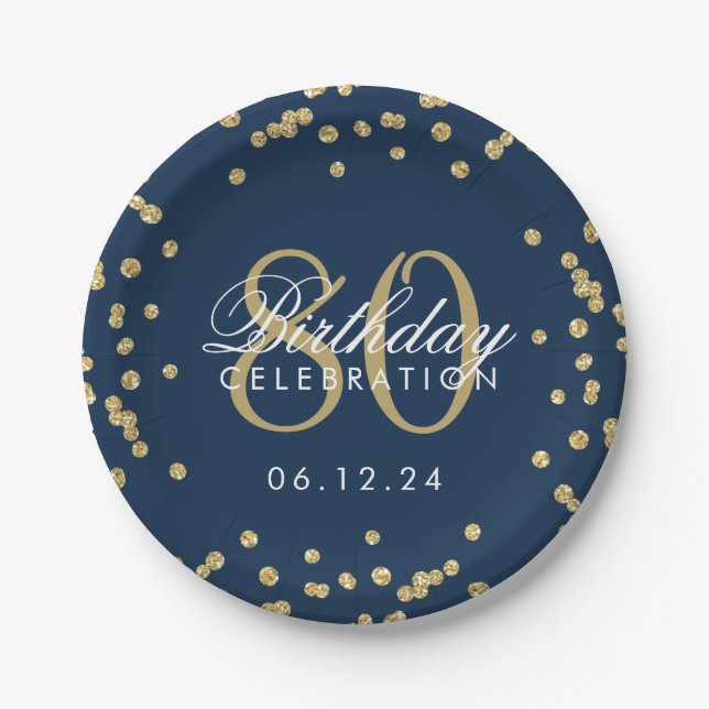 Assiettes En Carton Gold 80e anniversaire Parties scintillant Confetti (Devant)