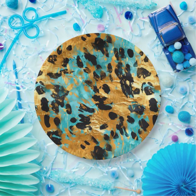 Assiettes En Carton Gold Aqua Black Leopard Animal (Fête)