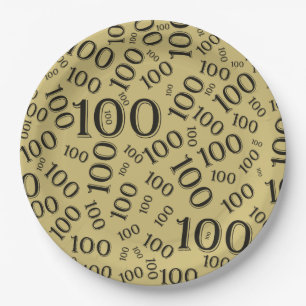 Assiettes En Carton Gold/Black 100th Birthday Party Numéro Motif