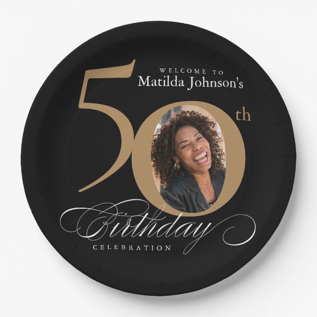 Assiettes En Carton Gold Black 50th Birthday Calligraphy Photo personn (Devant)