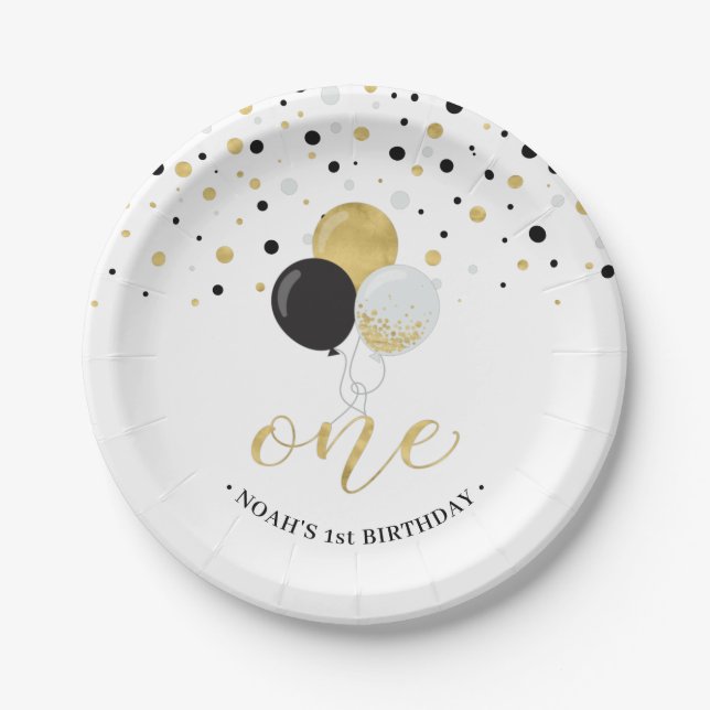Assiettes En Carton Gold & Black Confetti Ballons 1er anniversaire (Devant)