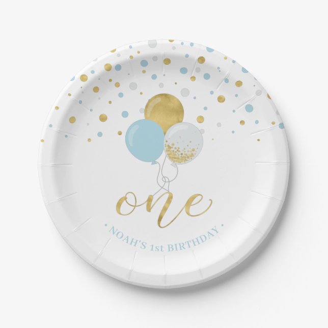 Assiettes En Carton Gold & Blue Confetti Balons 1er anniversaire (Devant)