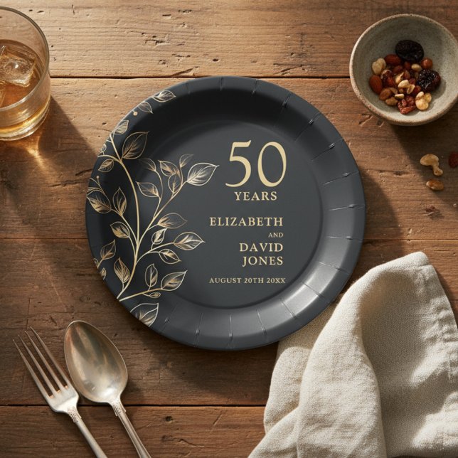 Assiettes En Carton Gold Botanical Floral 50e anniversaire Mariage (Gold Botanical Floral 50th Wedding Anniversary Paper Plates)
