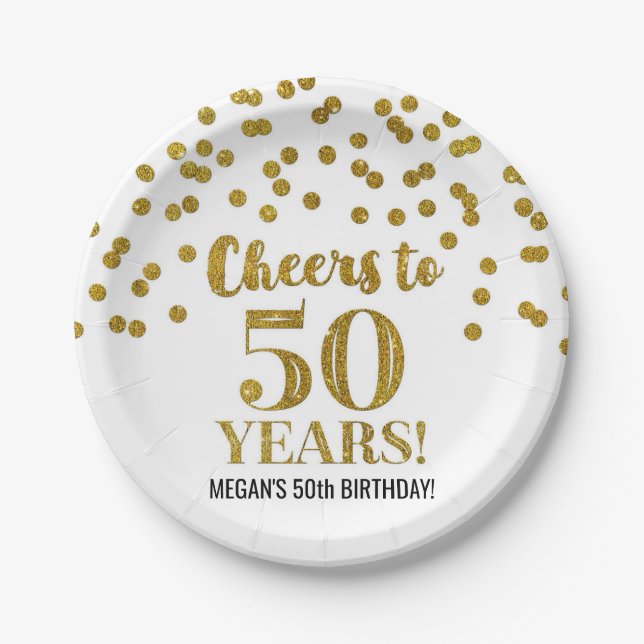 Assiettes En Carton Gold Confetti fête ses 50 ans d'anniversaire (Devant)
