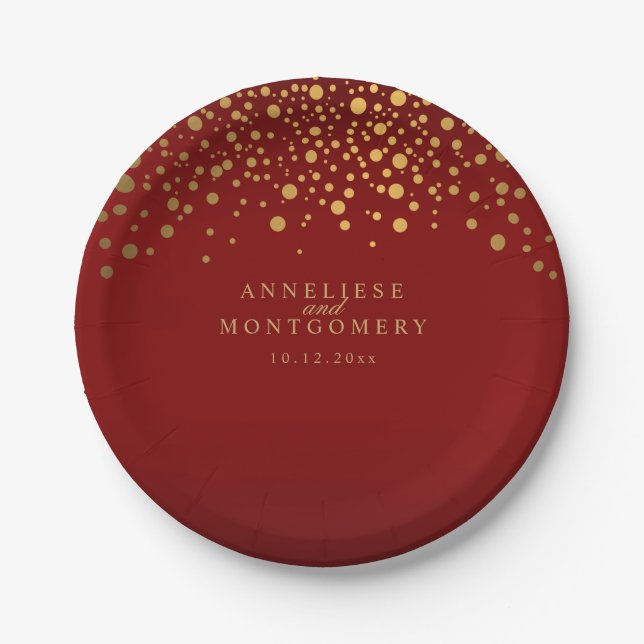 Assiettes En Carton Gold Confetti Maroon Rouge (Devant)