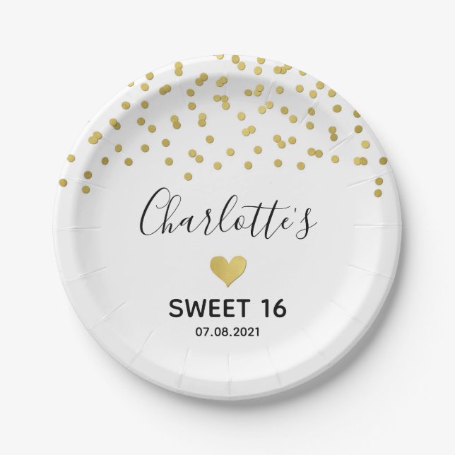 Assiettes En Carton Gold Confetti Sweet 16 Anniversaire (Devant)
