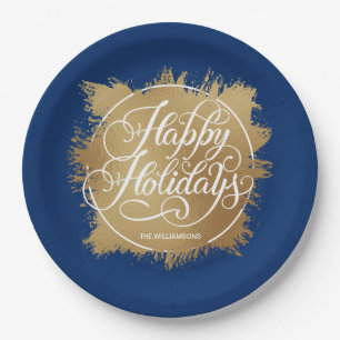 Assiettes En Carton Gold Faux Foil Happy Holidays Blue