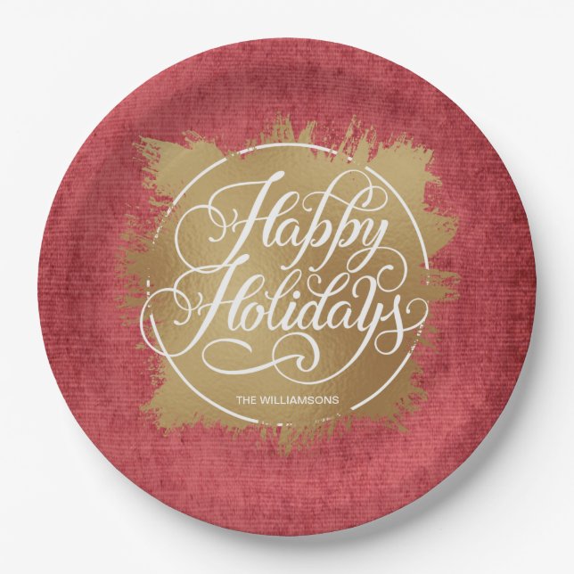 Assiettes En Carton Gold Faux Foil Joyeux Vacances Rouge (Devant)