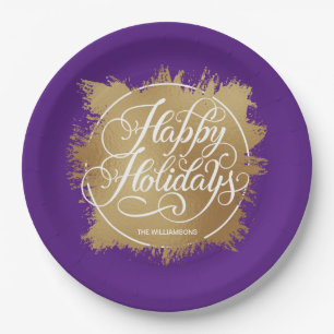 Assiettes En Carton Gold Faux Foil Joyeux vacances violet