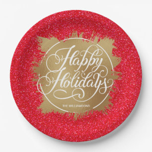 Assiettes En Carton Gold Faux Foil Noël Parties scintillant rouge