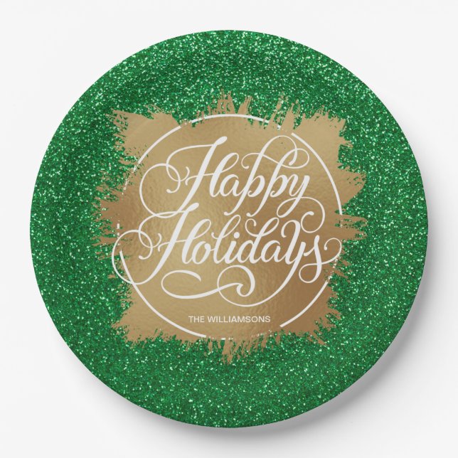 Assiettes En Carton Gold Faux Foil Noël Parties scintillant verte (Devant)