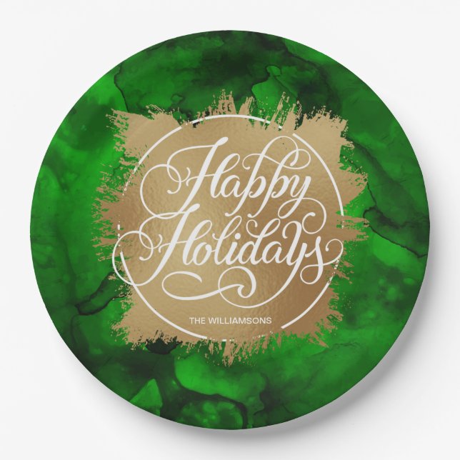 Assiettes En Carton Gold Faux Foil Noël Vert Aquarelle (Devant)