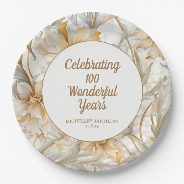 Assiettes En Carton Gold Floral 100e anniversaire (Devant)