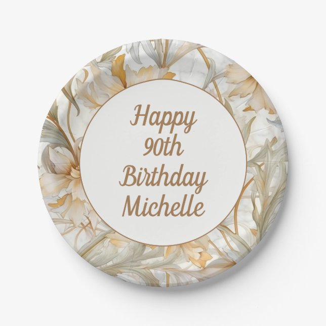 Assiettes En Carton Gold Floral Joyeux 90e anniversaire (Devant)