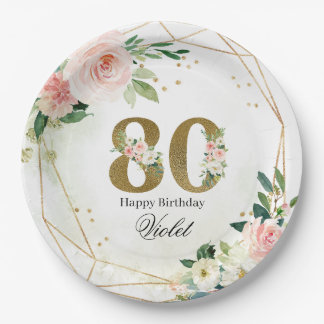 Assiettes En Carton Gold & Floral Personalized Custom 80th