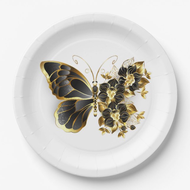 Assiettes En Carton Gold flower Butterfly with Black Orchid (Devant)