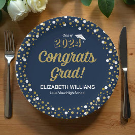 Assiettes En Carton Gold Foil Script Confetti Congrats Grad Blue