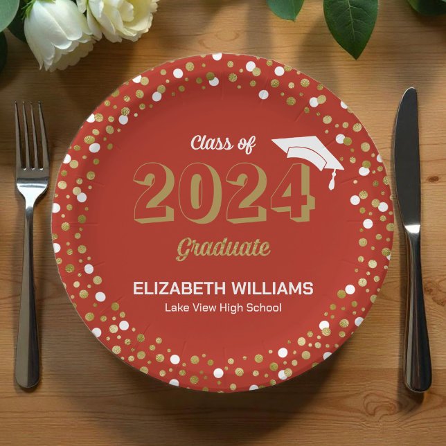Assiettes En Carton Gold Foil Script Confetti Graduation Party Rouge (Créateur téléchargé)